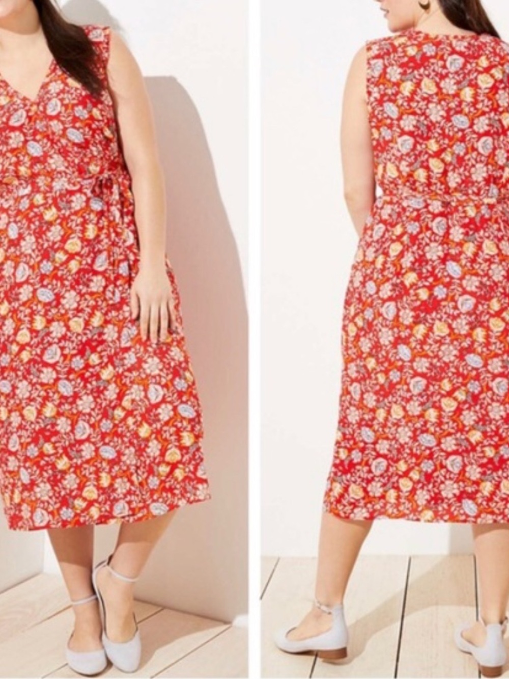 LOFT Red Floral Sleeveless V-Neck Midi Dress size 26 NEW